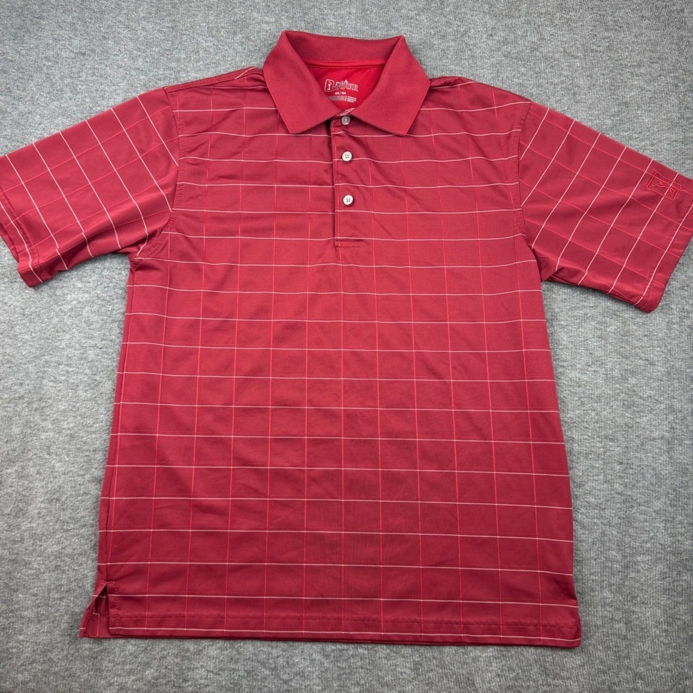 PGA Tour Polo Shirt Men's Medium‎ Red Windowpane Plaid Short Sleeve Golf Top